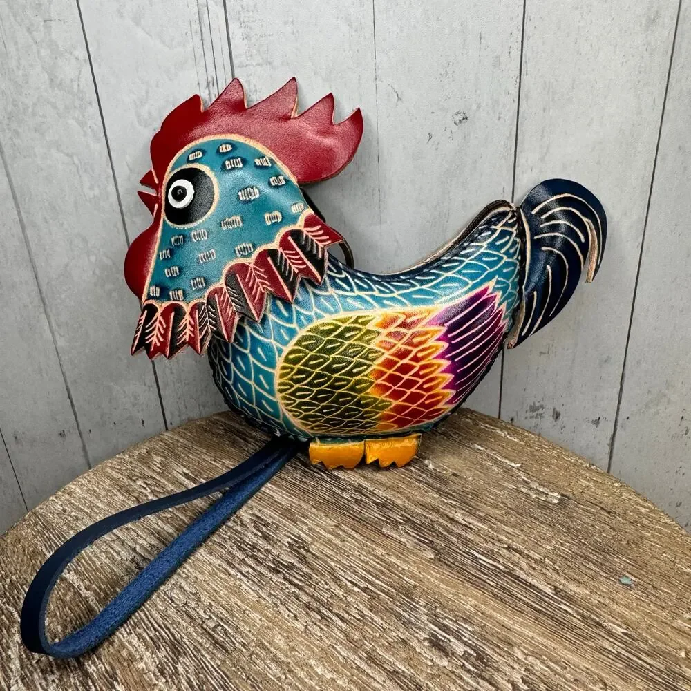 Genuine Leather Rooster Coin Purse Wristlet Chicken Hand Painted Leather NEW!